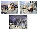3 LED Wandbilder Winterlandschaft beleuchtet Bild je 40 x 30 cm Leinwand Weihnachten C