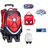 XNheadPS Kinderrucksack Superheld Spiderman Grundschultasche Studentenrucksack Student Daypack Kid Trolley 6 Räder Reisetasche mit Lunchbag,Iron Man-41 * 32 * 17