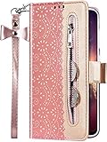 Uposao Kompatibel mit Samsung Galaxy J3 2017 Hülle Leder Handyhülle Blumen Muster mit Reißverschluss Kartenfächer Handschlaufe Schutzhülle Flip Case Klapphülle Handytasche Etui,Rose G