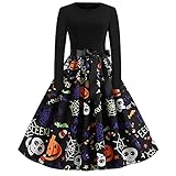 Dasongff Halloween Kostüm Damen Vintage Elegant Kleider Langarm Retro Lange Ärmel Kürbis Printed Skater Kleider A-Linie Hepburn Cocktailkleid Spitze Druck Abend Party Dress Partykleid Swing