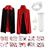 Hook Vampir Kostüm Kinder Umhang Schwarz Rot Cape Mit Tod Kultfaktor Hexe Umhang für Kinder or Damen Halloween Kostüm Mantel Umhang 80cm, 30 Temporäre Tattoos, Dentures Props, 1xTeufel hörner (80cm)