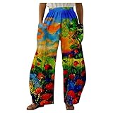 SSLLH Damen Haremshose Harem Sommerhose mit Retro Blumenmuster Gesmoktem Elastische Bund Hose Hohe Taille Breites Bein Pumphose Lange Loose Casual Pluderhose mit Taschen Zumba Pilates Yog