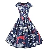Alwayswin Damen Weihnachtskleid Vintage Kurzarm Cocktailkleid 1950er Party Abendkleid Retro Rockabilly Kleid Festliches Elegant Swing Kleid Weihnachtsdruck Partykleider Freizeitk