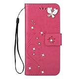 Homikon PU Leder Hülle Retro Schön Schmetterling Blume Schutzhülle für Mädchen Brieftasche Ledertasche Bling Glänzend Glitzer Diamant Handyhülle Etui Kompatibel mit Samsung Galaxy S4 - R