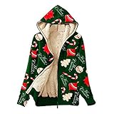 GOKOMO Damen Fleece Kapuzenjacke mit Weihnachtsdruck Lässiger Warmer Winter Weihnachtsdruck mit Reißverschluss und Kapuzen Sweatshirt Mantel(5XL,Grün)