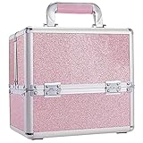 Frenessa Make-up-Koffer, Kosmetikkoffer, Schmuckorganizer, Schmink-Aufbewahrungsbox, Beauty Train Case, abschließbar, mit Schlüssel (Pink)