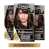 L'Oréal Paris Permanente Haarfarbe, Haarfärbeset mit Coloration und Farbglanz-Pflegebalsam, Préférence, 4 Naturbraun (Tahiti), 3er S