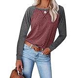 Damen Herbst Winter Langarmshirts LäSsig Zweifarbige NäHte T-Shirts Rundhals LangäRmeliges Tops Lockeres Bequemes Oberteil（Wein，L）