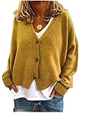Onebary Damen V-Ausschnitt Knopf Strickcardigan Langarm Solide Lose Pullover Oberbekleidung Tops, gelb, M