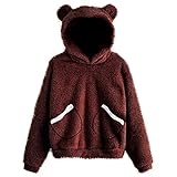 AGOUWUCHE Langarm Kapuzenpullover Damen Hoodie Mit Bärenohren Flauschig Warm Kapuze Elegant Pullover Frauen Plüsch Fleece Einfarbig Pulli Mädchen Herbst Winter Bluse Casual Sw