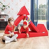 KIDOO® Praktisches 4-in-1-Kinderspielset Rot | Kletter- und Krabbel-Set | Aktivitätsspielblöcke für Sofa, Matratze | Ausklappbare Liege |4-teiliges leichtes buntes interaktives Baby Spiel S