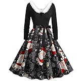 TTLOVE Damen Kleid Weihnachten Motiv Elegant Langarm Cocktaikleider Vintage 50er Christmas V-Ausschnitt Unregelmäßig