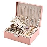 Schmuck Kästchen Organizer für Frauen, Schmuckkästchen, Schmuck Organizer für Frauen, Schmuckbox PU-Leder, Zwei Schicht Schmuck Aufbewahrung Koffer, Abschließbar Schmuckkoffer mit Schlüssel,R