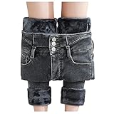Shineshae Damen Winter Jeans High-Waist Thermoleggins Straight-Lang Jeanshose Warme Winterhose Mit Fleece-Futter Thermo Fleecehose Elastische Röhrenjeans Strumpfhosen Slim fit Bleistifthose Hü