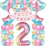 iWheat Luftballon 2. Geburtstag Rosa, Deko 2. Geburtstag Mädchen, Geburtstagsdeko 2 Jahre Mädchen, Riesen Folienballon Zahl 2, Happy Birthday Banner Bunt Folienballon Zahl 2 für Kinder M