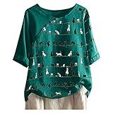 WAEKQIANG Damen Cat Print Patchwork Top Leinen Top Casual O-Ausschnitt Blusas Bluse Plus Size Top Blusa F
