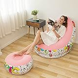 Honeyhouse Aufblasbares Luftsofa mit Ottomane, Aufblasmöbel Loungen Sessel Cafe Chaise Chair für den Außenbereich, Beflockt,Zuhause oder Büro Ruhe (Cartoon-Rosa)