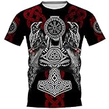 Mjolnir Kurzarm Rundem O-Ausschnitt Wikinger T-Shirt, Nordische Mythologie Odins Krähe Und Wolf 3D Druck T-Shirt, Thors Hammer,Schwarz,5XL