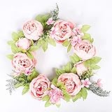 CQWW Deko Kranz Wandkranz Handgefertigt Kranz Für Outdoor Türkranz Pfingstrose Rebe Blumenkranz Künstliche Hortensie Dekorative Landschaftsbau Kranz für Deko 40cm (Rosa)