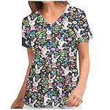 Kasack Damen T-Shirts Bunt Pflege große größen mit Ostern St. Patrick Motiv T-Shirt Schlupfkasack mit Taschen Kurzarm V-Ausschnitt Schlupfhemd Berufskleidung Krankenpfleger Uniformen N