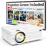 AK-81 Projektor mit Projektionsleinwand 1080P Full HD Unterstützt, 6500 Lux Mini Outdoor Projektor, Videoprojektor Kompatibel mit TV Stick Smartphone PS4 HDMI USB AV, Heimkino Projektor, Weiß