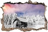 3D-Effekt Wandtattoo Aufkleber Durchbruch selbstklebendes Wandbild Wandsticker Wanddurchbruch Wandaufkleber Holzhütte im Schnee Wanddeko fürs Kinderzimmer 60x90