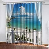 YTSDBB Verdunkelungsvorhang mit Ösen Blauer Balkon mit Meerblick B 200 x H 160 cm 3D Digitaldruck Druckmuster Öse Thermisch isoliert 90% für Schlafzimmer Wohnzimmer ​Kinderzimmer Junge mit M