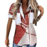 MEITING Bluse Damen Kurzarm Revers Hemd mit Motive Tasche T-Shirt Sommer Sweatshirts Oberteile Frauen Casual Lose V Ausschnitt Tshirt Basic Einfarbig Shirts Basic Atmungsaktiv Bluse Sommerhemd Top