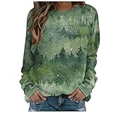 CEFGR Damen Mode Bedrucktes Langarm Oberteil Übergröße Sweatshirt Solide Beiläufig Leinen V-Ausschnitt Pullover T-Shirt Top