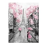 YZBEDSET Leinwandbilder Rosa Romantische Stadt Paar Paris Eiffelturm Landschaft Ölgemälde auf Leinwand Poster Druck Wandbild 60x90