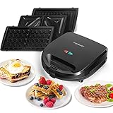 Sandwichmaker 3 in1, 750W Sandwichtoaster, 3 abnehmbare Grillplatten, Kontaktgrill, Waffeleisen 3 in1, spülmaschinengeeignete, Dreieckig SandwichMaker, Antihaftbeschichtet, Schw