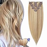 Elailite Haarverlängerung Echthaar Clip in Extensions Haarteil für Komplette Haare 8 Teilig Set 18 Clips Glatt Full Head Human Hair 8' 20cm 45g #18/613 Aschblond＆Gebleichtes B