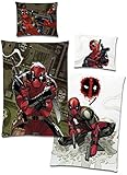 BERONAGE Deadpool Wende-Bettwäsche Weiß Grün 135 x 200cm + 80 x 80cm 100% Baumwolle Renforcé-Linon-Qualität mit YKK-Reißverschluss Anti-Held Maske Marvel Comic Kinderbettwäsche Deutsche Größ