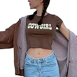 Gotisches, grafisches bedrucktes Crop-Top für Damen, T-Shirt, Kurzarm-T-Shirt, Rundhalsausschnitt, Kawaii, Y2K E-Mädchen Tops, Bluse, G-cow Girl Brown, M