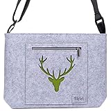 Umhängetasche Damen Kinderhandtasche Filz Schultertasche Mädchen Dirndl Trachtentasche Filztasche Stoff Trachtenmotiv Tiermotiv Hirsch Grau/Grü