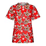 Kasack Damen Weihnachten Pflege Bunt mit Weihnachtsmann Druck 2021 Neu Kurzarm T-Shirt Schlupfkasack mit Zwei Taschen V-Ausschnitt Schlupfhemd Berufskleidung Krankenpfleger Uniformen N