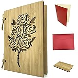 Grußkarte aus Holz als Liebeskarte & Dankeskarte - Bambuskarte mit Rosen ca. A6 Format, handgefertigt - Set mit Einlagepapier, Briefumschlag & Prob