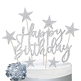 iZoeL Tortendeko Rosegold 2set Happy Birthday 20pcs Sterne Cake Topper Kuchendeko Rosa Gold Geburtstag Dekoration (Silber)