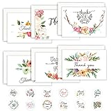 EDATOFLY 24 Stück Dankeskarten, Dankeschön Karten Danksagungskarten Hochzeit mit Umschlägen und Aufkleber für Hochzeit, Abschlussfeier, Jahrestage , Thanksgiving u.m (Blumenpflanzenmuster)