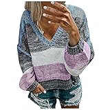 TTivxe Damen Pullover V Ausschnitt Langarmshirt Oversize Farbblock Strickpullover Lose Sweatshirt Oberteil Tops Elegant Herbst Winter Sweatshirt（Blau，XXL）