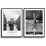 MONOKO® Wohnzimmer Poster Set - Premium Bilder Set für Schlafzimmer - Stilvolle Wandbilder - 2er Set ohne Rahmen (Hamburg, Schwarz-Weiss, 50 x 70 cm)