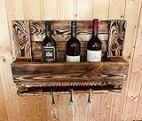 Weinregal aus recycelter Palette für 4 Weinflaschen und 3 Weingläser, Palettenmöbel Geflammt Flaschenregal Wandbar Rustikal Glashalter Hausb