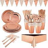 Furuix 194 partygeschirr Rosegold，pappteller Rosegold, Einweggeschirr für Partys, roségoldenes Geschirr für Hochzeiten, Geburtstage und Partys (24 Gäste)