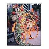 Abstraktes orangefarbenes Fahrrad mit Blumen verziert, die nordische Poster Leinwanddrucke Wandkunstbilder Dekoration 70x100cmx1 I