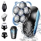 Glatzen rasierer, 5-in-1-rasierapparat Wet & Dry, USB Wiederaufladbarer, Bartschneider Nasenrasierer mit LCD-Display und Gesichtsbürste, IPX7 Wasserdicht (Hellblau)