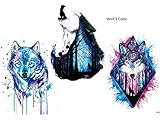 WOLF TATTOO WASSERFARBEN BUNT 3 SHEETS Arm Oberarm Tattoo Fake Tattoo Wolf 3 C