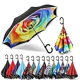 Siepasa Automatisch öffnender Umkehrschirm, Regenschirm winddicht, umgekehrter Regenschirm, Regenschirme für Frauen mit UV-Schutz, sicheren reflektierenden Streifen (Regenbogenrosa)