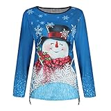 Damen T-Shirt mit süßem Schneemann-Druck, lässig, lockere Langarm, Rundhalsausschnitt, Pullover, Sweatshirts, Blau6, 54