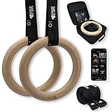 Wild Instincts Neu Gymnastikringe Holz (32mm) mit WebApp | Turn-Ringe | Fitness-Ringe | Gym-Rings | Profi Holzringe Set für Turnen, Fitness & Calisthenics | Trainingsringe aus H