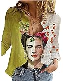 Frauen Frida Kahlo Ölgemälde Vintage Shirts Mode Atmungsaktive Roll Up Sleeve V-Ausschnitt Lose Casual Shirts Plus Size B